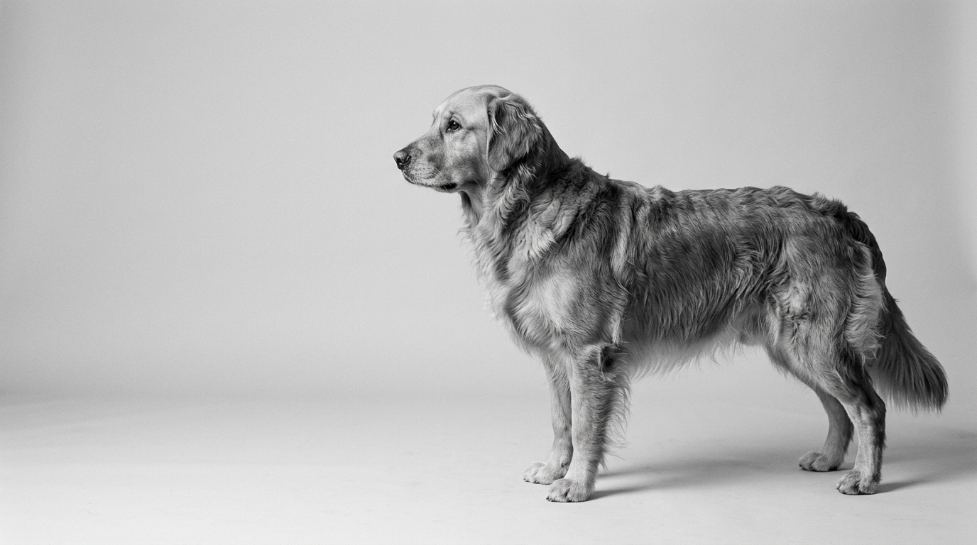Golden Retriever steht im Profil, Schwarzweißaufnahme vor hellem Studiohintergrund